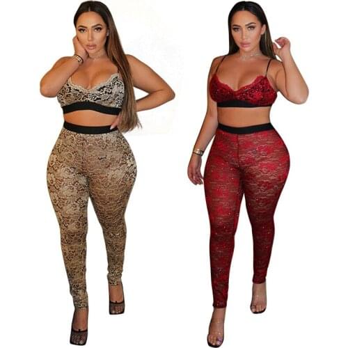 2021 Sexy See Through Patchwork Lace Two Piece Set Women 2021 Spaghetti Strap V Neck Crop Top + Pants Bodycon 2 Piece Set Outfit
