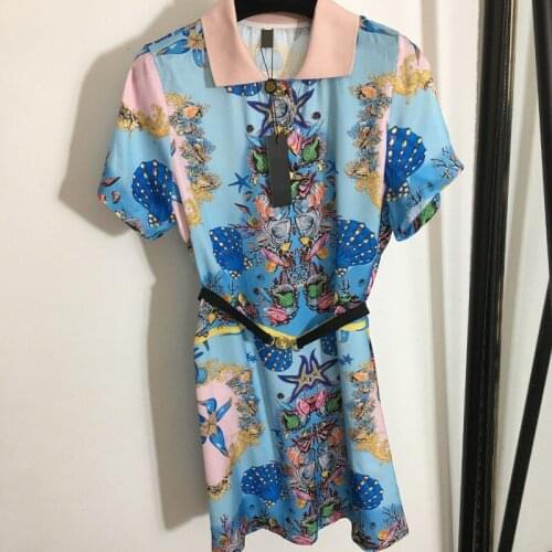 High Quality Buttoned Shell Print Belt Lapel Short Sleeve Blue Midi Dress Luxury Design Summer Fashion Women Clothes