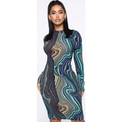 Colorful Dress Sexy See Through Club Bodycon Summer 2020 Long Sleeve Fashion Printing Streetwear Woman Elastic Waist Design