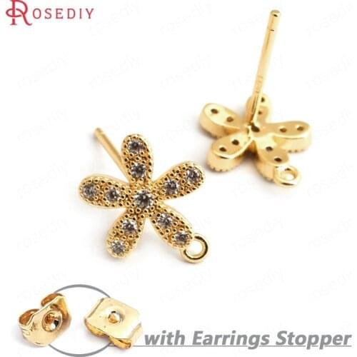 34960)4PCS Flower 9MM 24K Gold Color Brass with White Zircon Flower Stud Earrings High Quality Diy Accessories Jewelry Findings