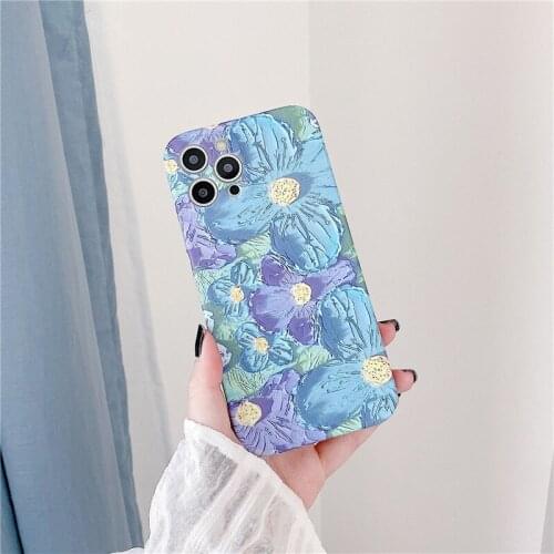 Retro artist Purple blue flowers painting Art Phone Case For iPhone 11 12 Pro Max Xr Xs Max 7 8 Plus 7Plus Case Soft Back Cover