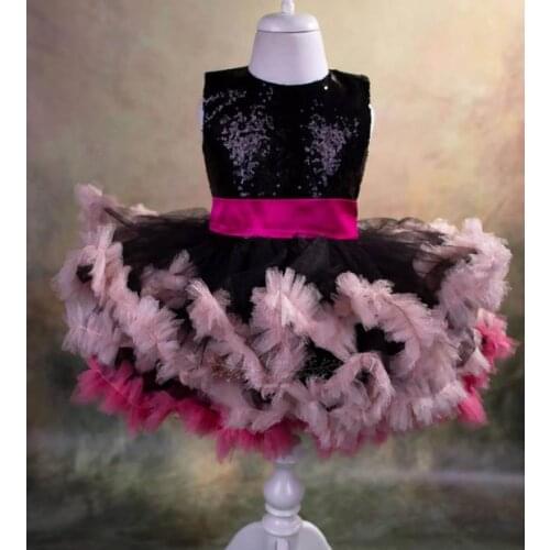 Black Sequined Top Tutu Outfit Infant Girl Dress Knee Length Backless Baby Girl First Birthday Dress Kids Party Gowns Size1-16Y