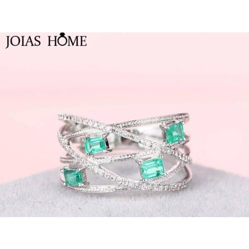JoiasHome Womens Silver Ring S925 Fine Jewelry Geometry Gemstones Hollow Design Green Pink AAA Zircon Crossed Lines Party Gift