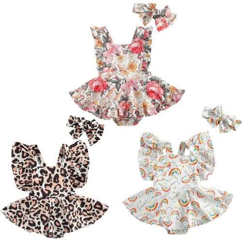 New Baby Girls Two-piece Clothes Set Printed Pattern Sleeveless Square Collar Romper + Headdress White/ Black