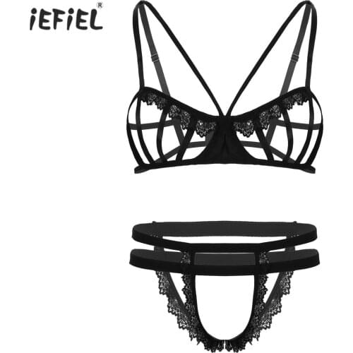 Mens Erotic Lingerie Set Hollow Out Sexy Crotchless Underwear Set Balconet Bra Top with Harness Briefs Panties Male Sleepwear