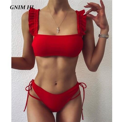 GNIM Bandage Solid Swimsuit Women Two Pieces Sexy Bandeau Bikini Mujer 2020 Summer Ruffle Swimwear Women Beach Wear Biquini Set