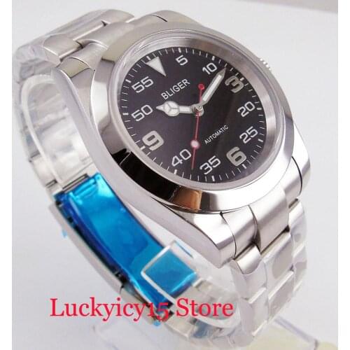 BLIGER 40mm Black Dial Sapphire Glass Polished Watch Case Mental Strap Automatic Movement Mens Wristwatch