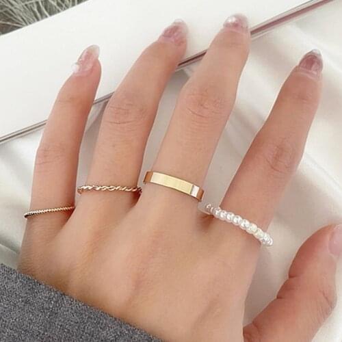 4 Pcs/set Fashion Imitation Pearl Rings for Women Punk Minimalist Gold Color Round Wave Geometric Ring Set Wedding Party Jewelry