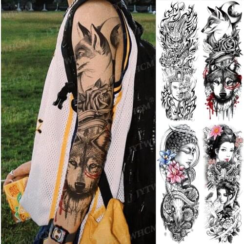 Wolf Moon Big Tattoo Stickers for Adults Buddha Pattern Sexy Waterproof Fake Full Sleeve Temporary Tattoo Sticker For Men Women