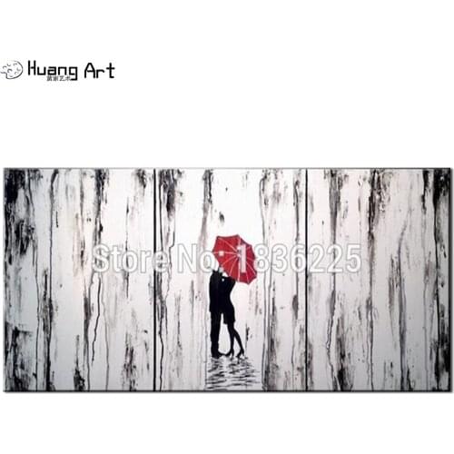 Hand Painted Lover Under Red Umbrella Romatic Raining Landscape Picture Modern Abstract Landscape Oil Painting for wall Decor