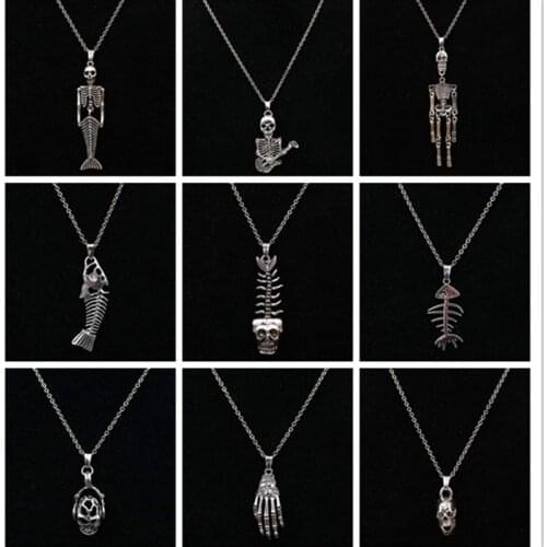 Multiple Styles Skeleton Necklace Human Bones Pendant Fish Skeleton Pendant Palm Bones Pendant Silver Color Skull Charms 1pcs