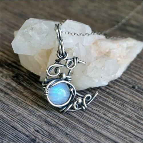 3*1.5cm NEW MOON Crescent Necklace W/ Moonstone June Birthstone Half Moon Phase Boho Jewelry Rainbow Wire Wrapped Opalite 46+7cm