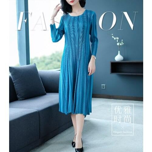 HOT SELLING Miyake fold long Sleeveo-neck high waist dress with Striped A-Line dress IN STOCK