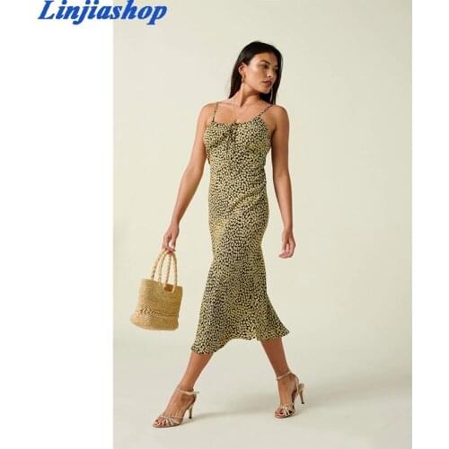 French summer fashion dress women yellow floral print bandage spaghetti strap elegant sexy loose chic midi dress femme vestidos
