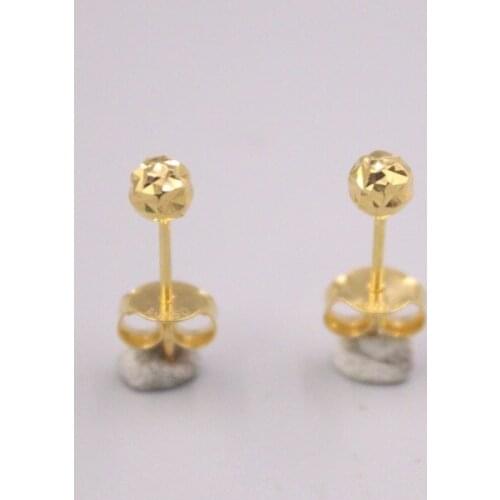 Pure 18K Yellow Gold Earrings Men Women Gift Lucky Carved Bead Stud Earrings / 0.9g / 16*4mm