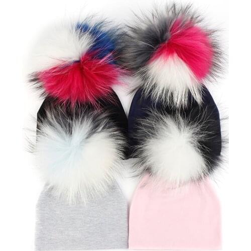 Newborn Baby Cotton Beanies Skull Hats Infant Cute Solid Color Beanie Hat For 0-3Month With 15cm Tri-color Real Fur Pompom Cap