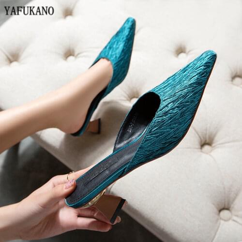 2020 New Pointed Toe Beige High Heel Muller Slippers Summer Women Shoes Woman Fashion Satin 5cm High Heel Slippers