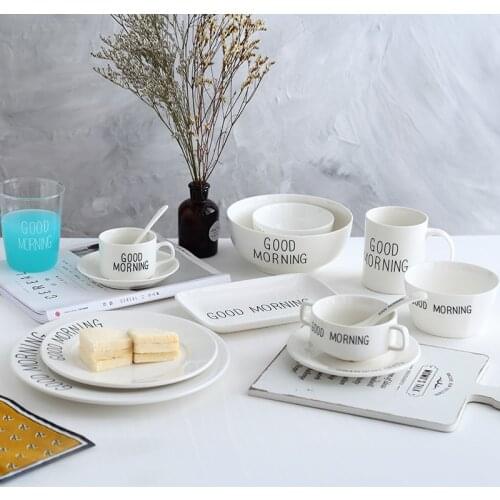 Nordic breakfast plate good morning alphabet coffee cup dessert bowl set mugs ceramic spoon salad bowl mixing bowl soup bowls