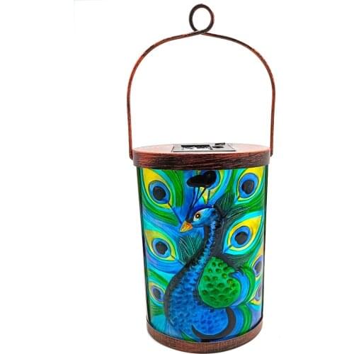 LED Solar Lantern Light Wrought Iron Peacock Glass Painting Hanging Lamps Waterproof Outdoor Garden Yard Art Decor