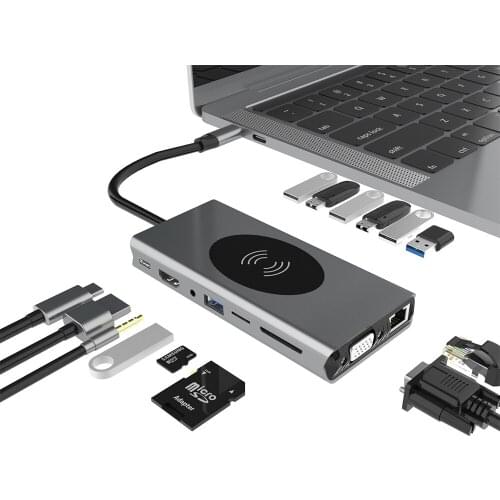15 in 1 USB C HUB To 4K HDMI USB 3.0 HUB Card Reader Adapter For MacBook Pro USB Splitter Phone Wireless Charger USB HUB 3 0