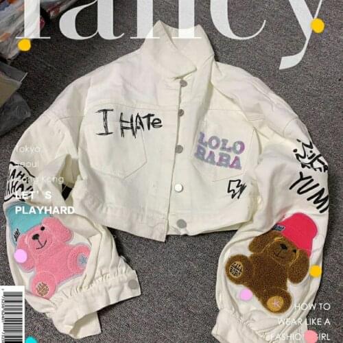 Spring Autumn Women White Denim Coats Female Embroidery Cartoon Appliques Jeans Sequins Letters Jackets Windbreaker Coats NZ126