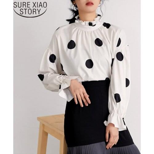Spring New Long Batwing Sleeve Polka Dot Ladies Tops Pullover Chiffon Womens Blouse Casual Ruffled Collar Women Blouses 5266 50