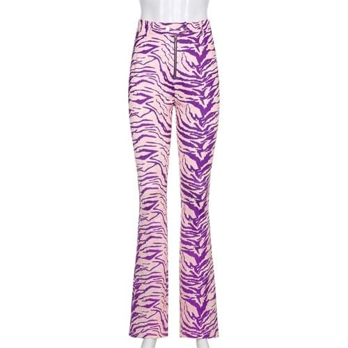 Women Fashion Zipper Y2K High Waist Pants Animal Zebra Printing Skinny Long Trousers Fashion Purple Sweatpants Streetwear