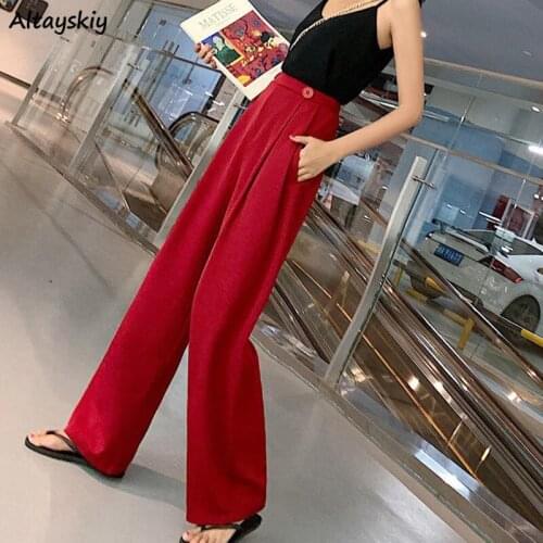 Pants Women Popular Simple Red Elegant Wide Leg Solid Trousers Chic Breathable High Quality All-match Korean Ulzzang Vintage