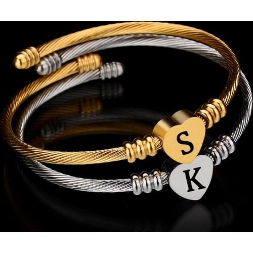 Engrave Heart pendant Stainless Steel Bracelets For Women Steel Wire Bangles Custom A To Z Letters 3 Colors Jewelry Couple Gift