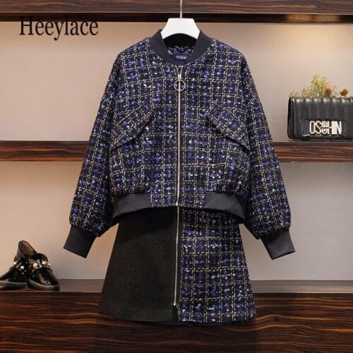 Plus Size Women korean Tweed Two Piece Set Clothes Autumn 2020 Long Sleeve Zipper Baseball Uniform Jacket and A-Line Mini Skirts