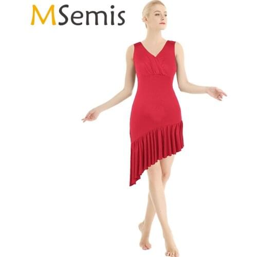Women Latin Dance Dress Rumba Stage Costume Sleeveless V-neck Ruffled Asymmetric lyrical dance costumes gymnastic dress Dance