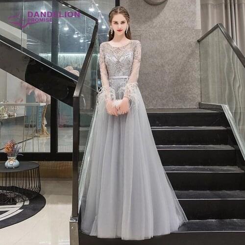 Luxury A-Line Beads Evening Dress For Women 2021 Long Sleeves with Feather O-Neck Elegant Tulle Dubai Formal Prom Party Gowns