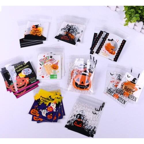 100Pcs Halloween Plastic Bag Pumpkin Cookie&Candy Bag Self-Adhesive For DIY Biscuit Snack Plastic Packaging Bag Halloween Supply