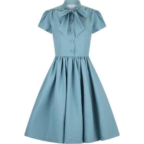 2021 Blue Pleated Dress Vintage Style Bow Tie Neck Button Up Elegant Women Summer Belted Pinup 60s 50s Rockabilly Dresses VD1662