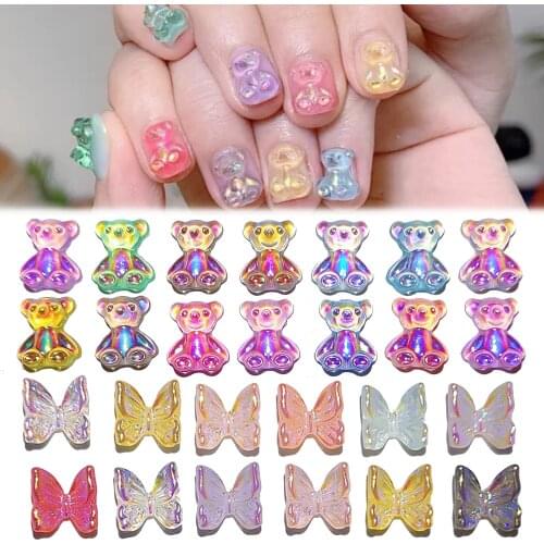 50pcs Crystal Candy Bear Soft Nail Art Decorations Cartoon Aurora Butterfly Nails Sticker 3D DIY Manicure Accessories Illusion