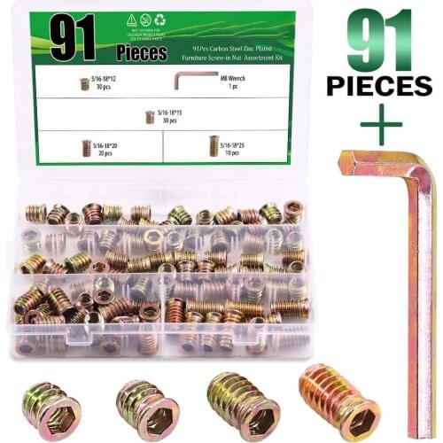 90Pcs 5/16"-18 Nut Inserts Assortment Kit with M8 Internal Hex Tool, Furniture Screw in Nut Threaded, Wood Inserts, Bolt Fastene