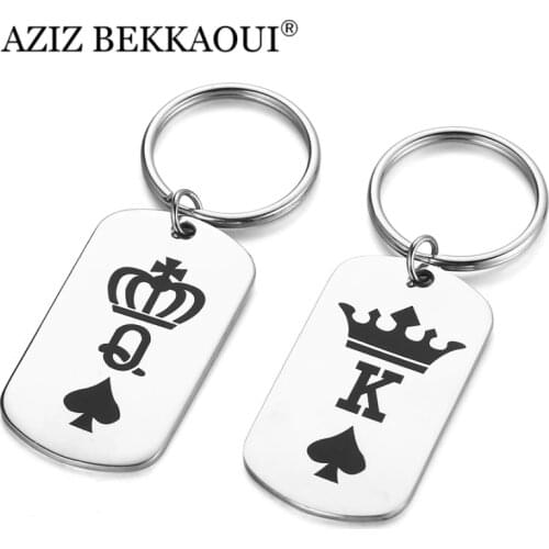 AZIZ BEKKAOUI Engrave Name Keychains Simple Style Stainless Steel KING QUEEN Pendant Key Ring Fashion Logo Fashion Jewelry Gift