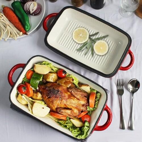 Cast Iron Enamel Soup Pot Grill Plate Rectangular Multi-function Stew pot 3-4People Use