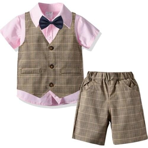 Children Suit 2020 New Summer Boys Short Sleeve Formal Wear Bow Tie Shirt Collar Shorts Gentleman Suit Kids Banquet Dresses Set