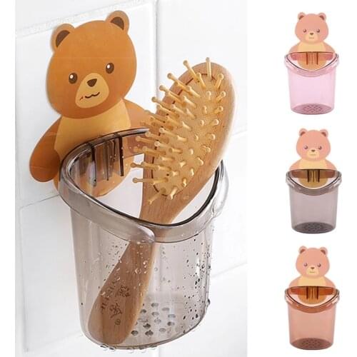 Drain Rack Punch-Free Wall-Hanging Cup Soap Brush Holder Cute Bear Transparent Toothbrush Cup Storage Rack Bathroom Accessories