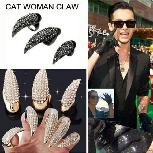 Halloween Costume Claws Fake Nail Rings Gothic Punk Rhinestone Nail Rings