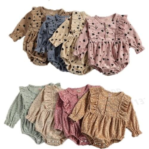 0-18M Newborn Baby Girls Fashion Floral Print Romper Stylish Ruffle Long Sleeve Corduroy Jumpsuit Spring Clothes for Kids Girls