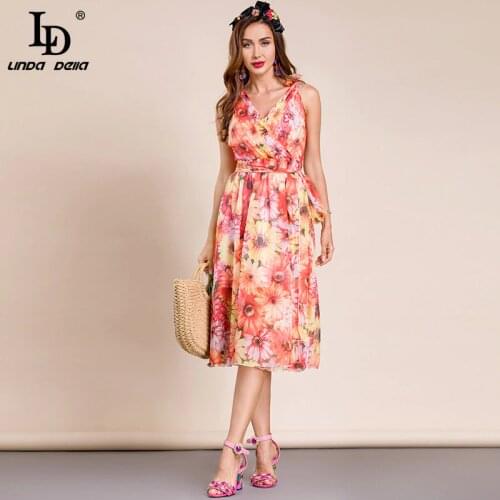 LD LINDA DELLA 2021 Fashion Designer Summer Dress Womens V-neck High waist Belt Floral print Bohemia Chiffon Midi Dress