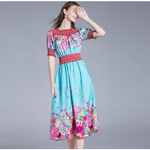 Summer Fashion Flower Print Dress Women Elegant O-Neck Puff Sleeve Slim High Waist Beach Boho Split Chiffon Vestidos k9027