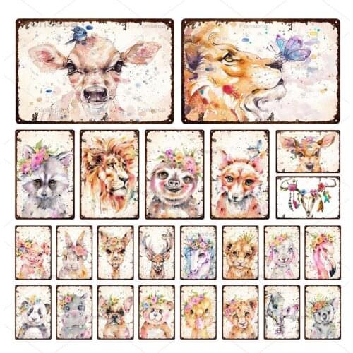 Cartoon Animals Flower Tin Sign Plaque Vintage Watercolour Pet Metal Poster Wall Art Iron Painting For Home Decoration Plate
