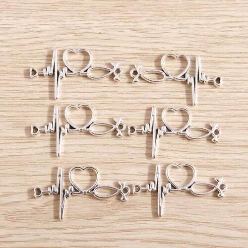 20pcs 34*19mm Trendy Heart Charms Connectors Fit Necklaces Metal Love Electrocardiogram Charms Jewelry DIY Making Accessories