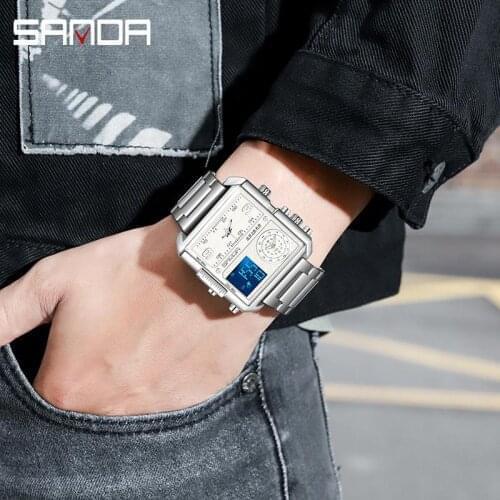 Sanda 6023 Casual Personality Business Mens Watch Fashion Square Electronic Watch Cool Stainless Steel Luminous Watch