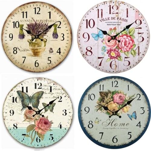 12 inches Vintage Wooden Wall Clock Butterfly Flower Printed Round Cardboard Wood Clocks for Living Room Kitchen Office Decor