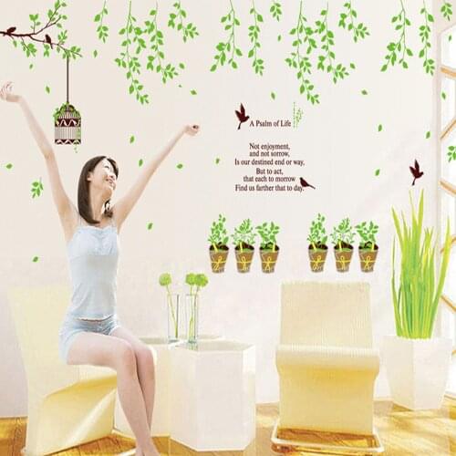 New 105*150cm Green Family Tree Pot Cage Warm Living Room Bedroom Decorative Wall Stickers Birds A Psalm of Life Quotes Posters