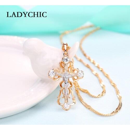 LADYCHIC New Arrival Gold Cross Pendant Necklace for Women Trendy Classic Jesus Crucifix Cross Jewelry Gift Dropshipping LN1083